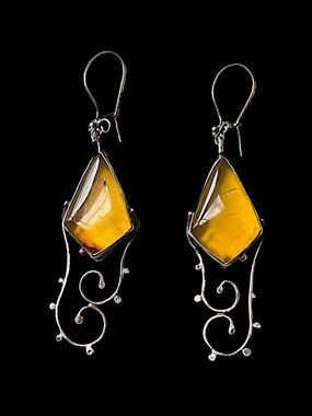 Vintage Sterling Silver Baltic Amber Dangle Drop Earrings Swirls